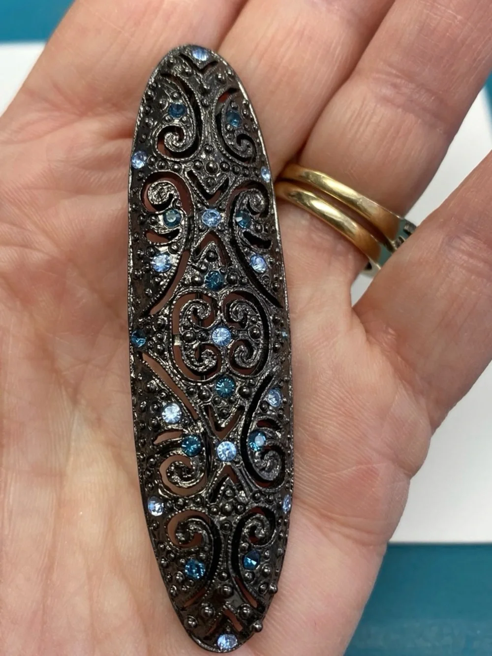 Decorative Gunmetal Brooch  with Blue Rhinestones